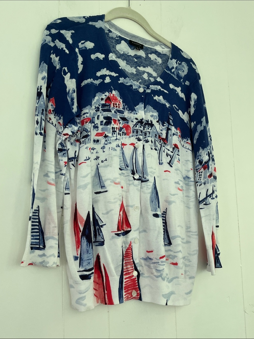 TALBOTS Sailboat Regatta Cotton Cardigan Size Large  Nautical - Picture 3 of 15
